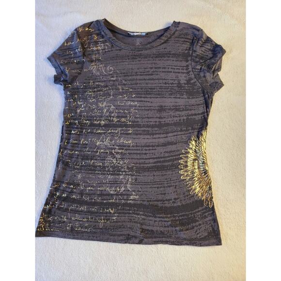 VTG Y2K Express Rhinestone Baby Tee Top Graphic T-shirt Black Gold Med Sparkle - Picture 11 of 11